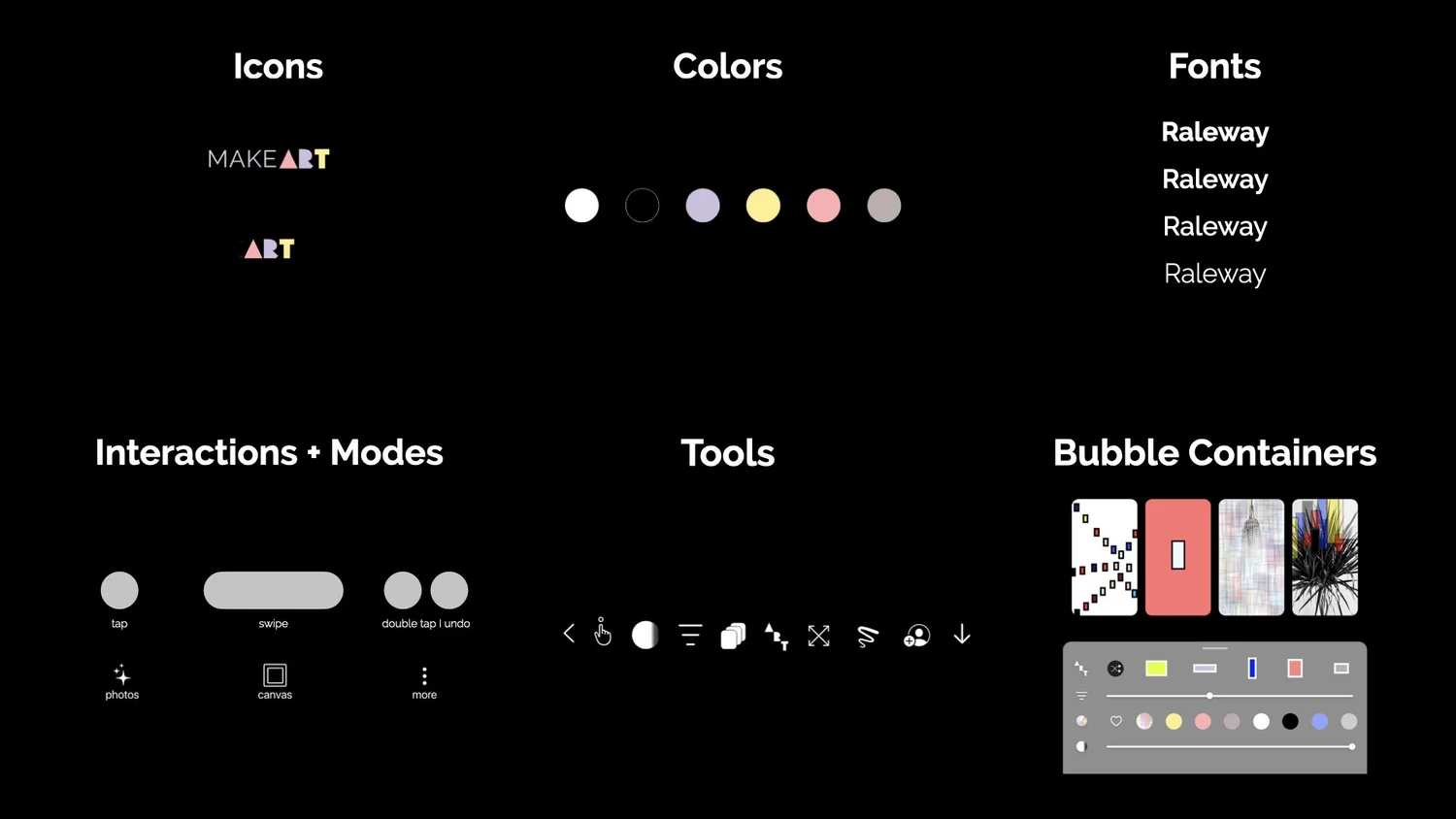 makeART design system — icons, colors, fonts, interactions, tools, and bubble containers